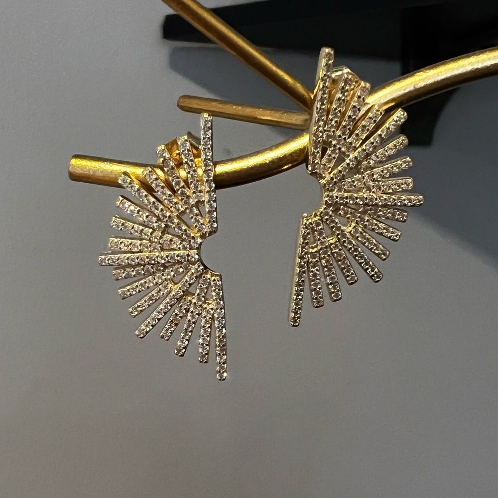 Deco Fan Gold Tone and Rhinestone Earrings